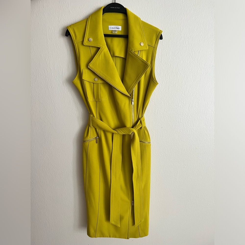Calvin Klein lime green gold zipper sleeveless utility belted cargo midi dress